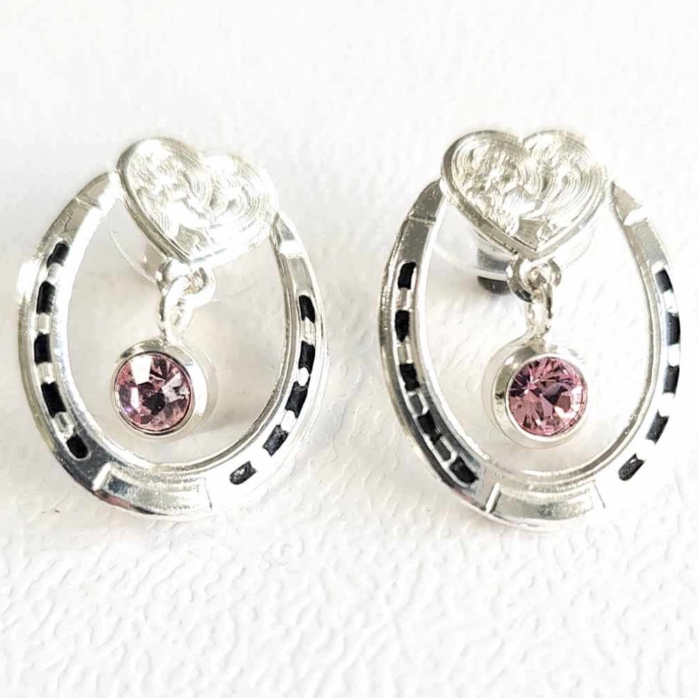 💞💗 Vintage Silver Frame Equestrian Heart Dangle Pink Rhinestone Earrings